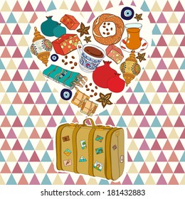 Vector card with suitcase and turkish souvenirs.