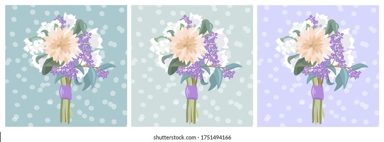 Vector card with a summer bouquet on the backgrounds of different colors. Tender vector flat illustration with a bouquet of flowers. Bouquet for women on wedding, Women's Day and Mother's Day.