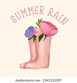 Vector card, Summer rain quote, cute rain boots with flower bouquet, Watercolor. Printable vector banner, greeting card, poster, invitation, postcard