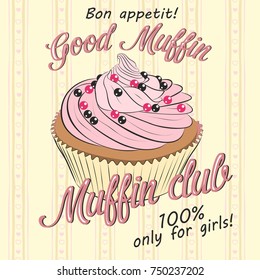 Vector card with sweet. Card with pink fruit muffin 
