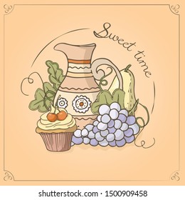 Vector card. Sweet time series. Jug and grape.