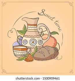 Vector card. Sweet time series. Jug and bread.