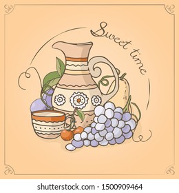 Vector card. Sweet time series. Cup and grape.