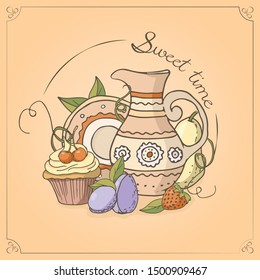 Vector card. Sweet time series. Plate and jug.