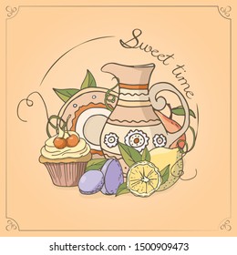 Vector card. Sweet time series. Plate and lemon.