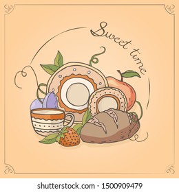 Vector card. Sweet time series. Plates and bread.