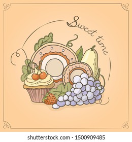 Vector card. Sweet time series. Plates and grape.