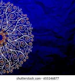 Vector card with swirls in blue with a semi-circular pattern. Template greeting card with blue background and white pattern