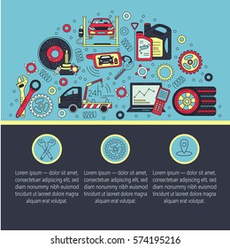 Vector card with symbols of car service - tire service, car wash, tow truck, etc. It will be useful for flyers, banners, discount cards and web.