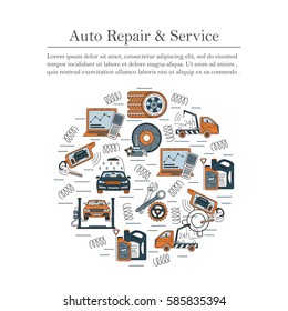 Vector card with symbols of car service - tire service, car wash, tow truck, etc. It will be useful for flyers, banners, discount cards and web.