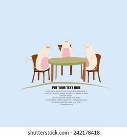Vector card with tea party in the family of beauty pink mouses around the green table 