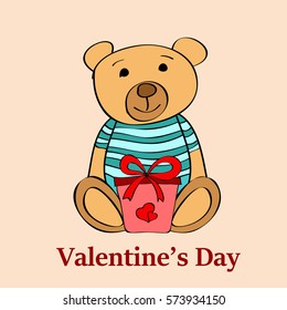 vector card with teddy bear and gift on Valentine's Day