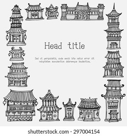 Vector card template with asian temples and manor houses