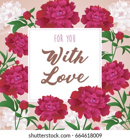 Vector card template with beautiful peony flowers and text frame