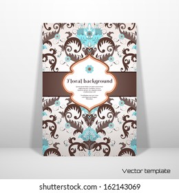 Vector card template. Beautiful seamless floral pattern in vintage style. Figured frame for your text. Perfect for greetings, invitations or announcements. Realistic shadows