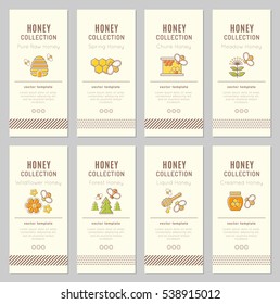 Vector card template with beekeeping emblems. Natural honey tags collection (sorts of honey - pure raw, spring, chunk, meadow, wildflower, forest, liquid, creamed honey). Warm color palette