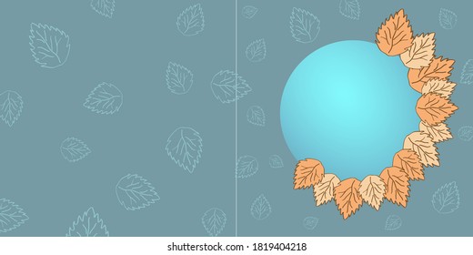 Plantilla de tarjeta de vectores con círculo azul y hojas de otoño. Hojas delineadas. Plantilla para boda, invitación, tarjeta de cumpleaños. Banner de venta y descuento.