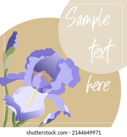 Vector card template with blue iris flowers and gold circles, copy space included