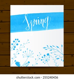 Vector card template with blue paint stroke, hand drawn calligraphy word spring and plants with leaves. Vector nature background
