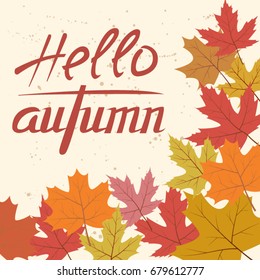 Vector card template with colorful autumn leaves and text. 