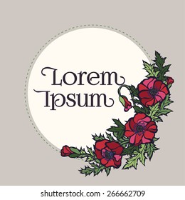 Vector card template with colorful poppy flowers and green leaves on beige background. Beautiful design for your projects. Can be used as invitation, save-the-date or thank you card.