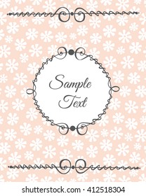 Vector card template with cute hand drawn elements. Hand drawn vintage round frame on patterned background. Beautiful design elements, perfect for greeting or invitation cards.