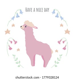Vector card template with cute pink alpaca, bell flowers, stars and leaves