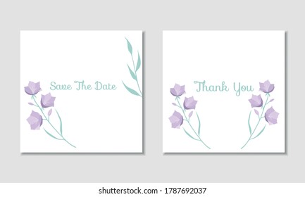 Vector card template with cute purple bell flowers and mint leaves