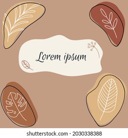 Vector card template design with floral white line art ink drawing and abstract spots in warm earthy colors