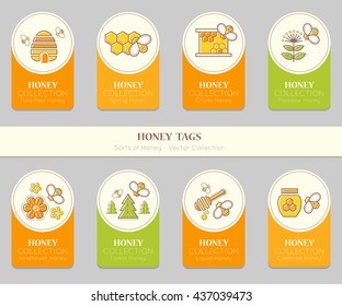 Vector card template with emblems. Natural honey tags collection (sorts of honey - pure raw, spring, chunk, meadow, wildflower, forest, liquid, creamed honey). Warm color palette of golden tints