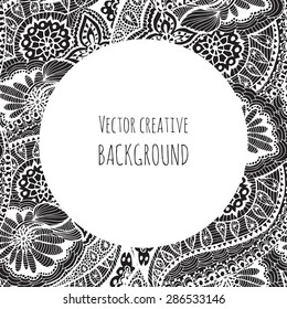 Vector card template. Fantasy creative background. Doodle ornament on white background. Black and white version. Invitation card, greeting card or book cover.