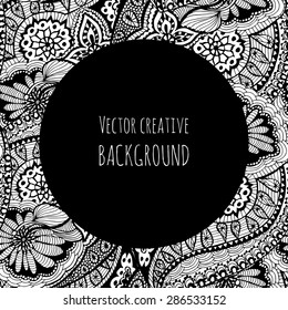 Vector card template. Fantasy creative background. Doodle ornament on black background. Black and white version. Invitation card, greeting card or book cover.