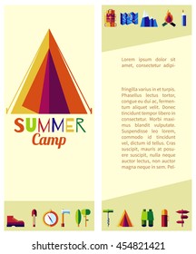 Vector card template with flat camping objects. Color template for posters, greeting cards, flyers, brochure, web designs. Picnic, travel and camping theme.