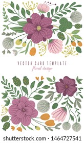 Vector card template with floral elements. Design with flowers for stationery, letter, invitation, greeting. Vertical frame with beautiful tapestry like spring or summer background