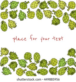 Vector card template with hand drawn artichokes. Vegetarian, healthy food illustration. Beautiful design elements.