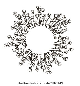 Vector card template with hand drawn graceful cotton flowers forming round frame. Beautiful floral design elements.