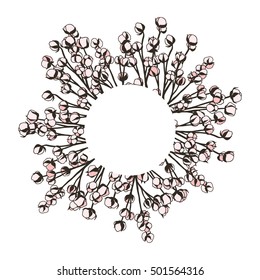 Vector card template with hand drawn graceful cotton flowers forming round frame. Beautiful floral design elements.