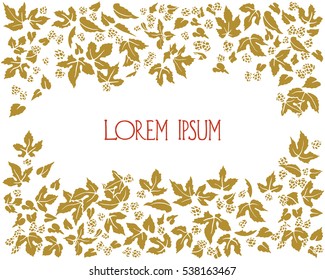 Vector card template with hand drawn golden hop leaves and cones. Romantic floral design elements.