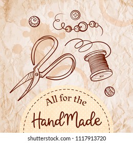 Vector card template with handmade tools on a grunge paper background. Vintage style.