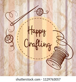 Vector card template with handmade tools on a grunge striped paper background. Vintage style.