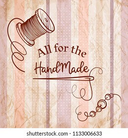 Vector card template with handmade tools on a grunge striped paper background. Vintage style.