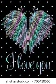 Vector card template with holographic heart shaped angel wings and seamless pattern with little hearts on background. Ready to print