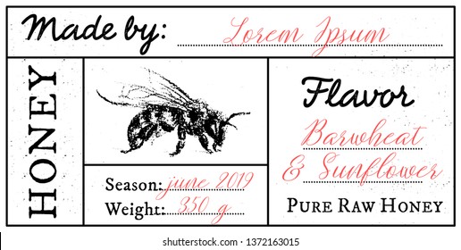 Vector card template with honey bee emblem and space for text. Pure raw honey label with editable text. Monomalist design, black and white