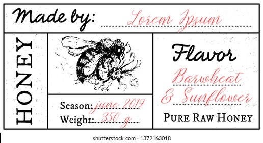 Vector card template with honey bee emblem and space for text. Pure raw honey label with editable text. Monomalist design, black and white