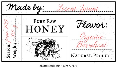 Plantilla de tarjeta vectora con emblema de abeja miel y espacio para texto. Etiqueta de miel pura y cruda con texto editable. Diseño monomalista, blanco y negro