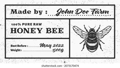 Vector Card Template With Honey Bee And Space For Text. Pure Raw Honey Label. Monochrome Design, Black And White