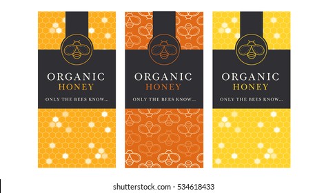 Vector card template with honey bee emblems and seamless pattern. Natural honey tags collection (organic honey). Warm color palette of golden tints with black