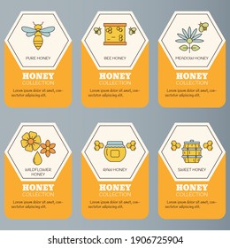 Vector card template with honey collection logo. Organic honey collection logo, label, tags design elements.