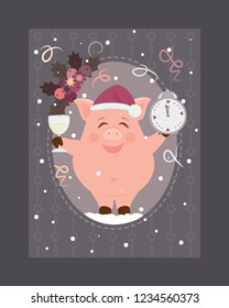 Vector card template. Illustration of small funny piggy for New Year holidays 
