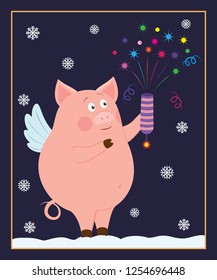 Vector card template. Illustration of small funny piggy with fireworks for New Year holidays. Almost all elements can be changed  